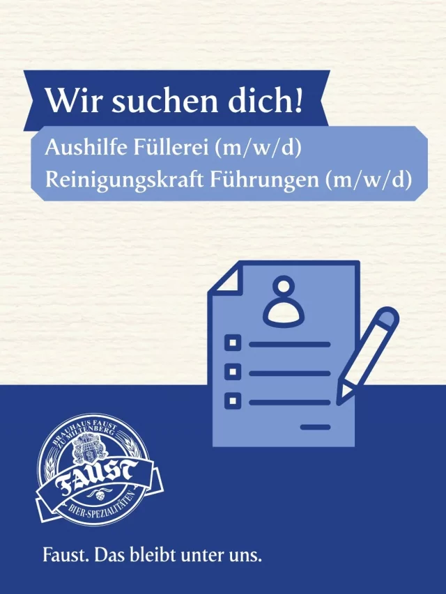 🍺 Wir suchen DICH als Aushilfe in der Füllerei (w/m/d) oder als Reinigungskraft für unsere Führungen (m/w/d)!

Bei uns im Team sorgst du dafür, dass alles reibungslos ablaufen kann! Egal ob du in der Abfüllung mithilfst oder dafür sorgst, dass nach den Führungen wieder alles top aussieht! 

Bei uns erwarten dich ein sympathisches Team, ein sicherer Arbeitsplatz und flache Hierachien in einem echten Familienunternehmen! 🍻

Einer dieser Jobs passt zu dir? Dann bewirb dich jetzt direkt und ganz einfach über unsere Webseite!

#brauhausfaust #miltenberg #stellenanzeige #reinigungskraft #füllerei
